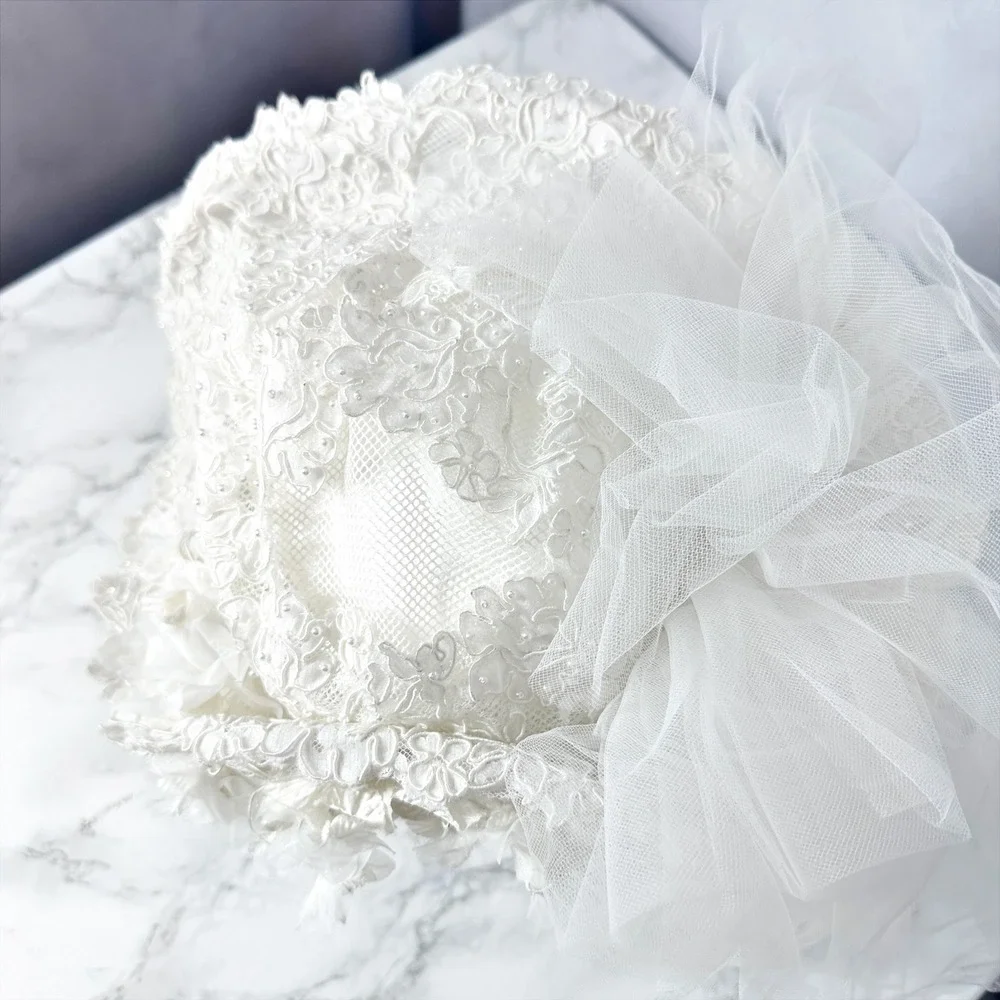 Vintage Handmade Ivory White Lace Floral Pearl Bridal Veil Hat